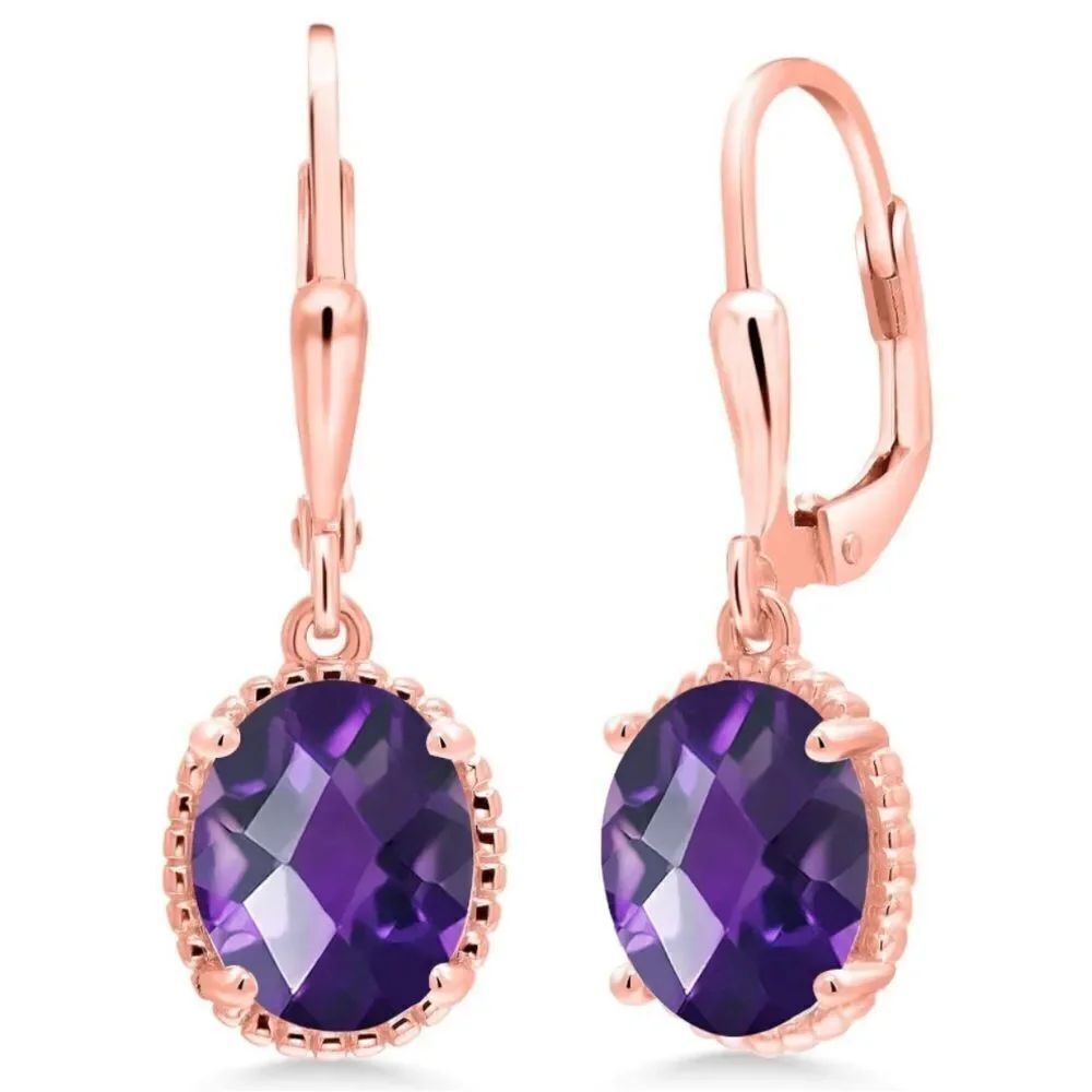 18K Rose Gold 925 with 3.20 Cttw Amethyst Oval Leverback Hook Earrings